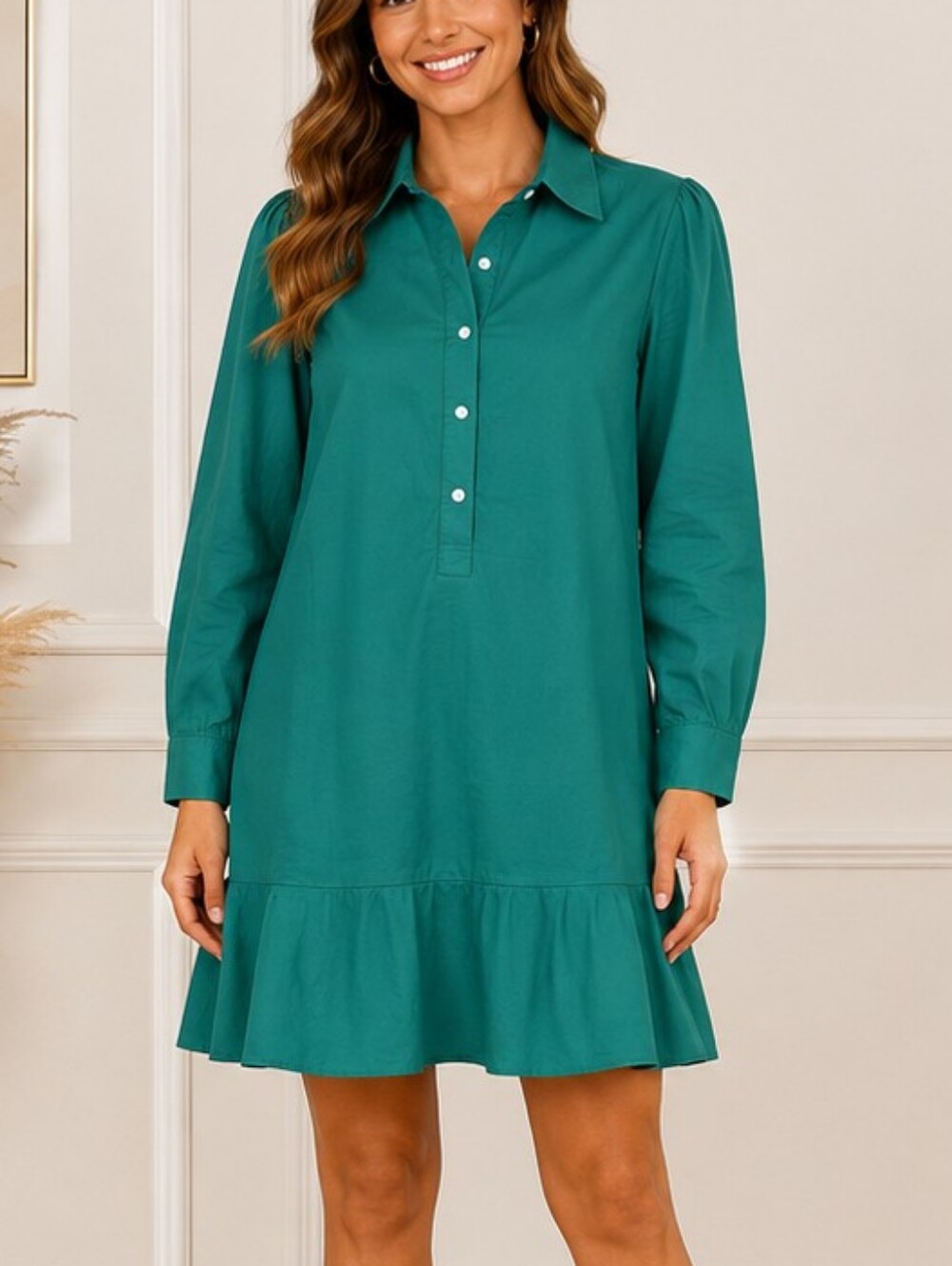 Emerald Green Collared Ruffle Hem Shirt Dress – Long Sleeve Button Front Mini